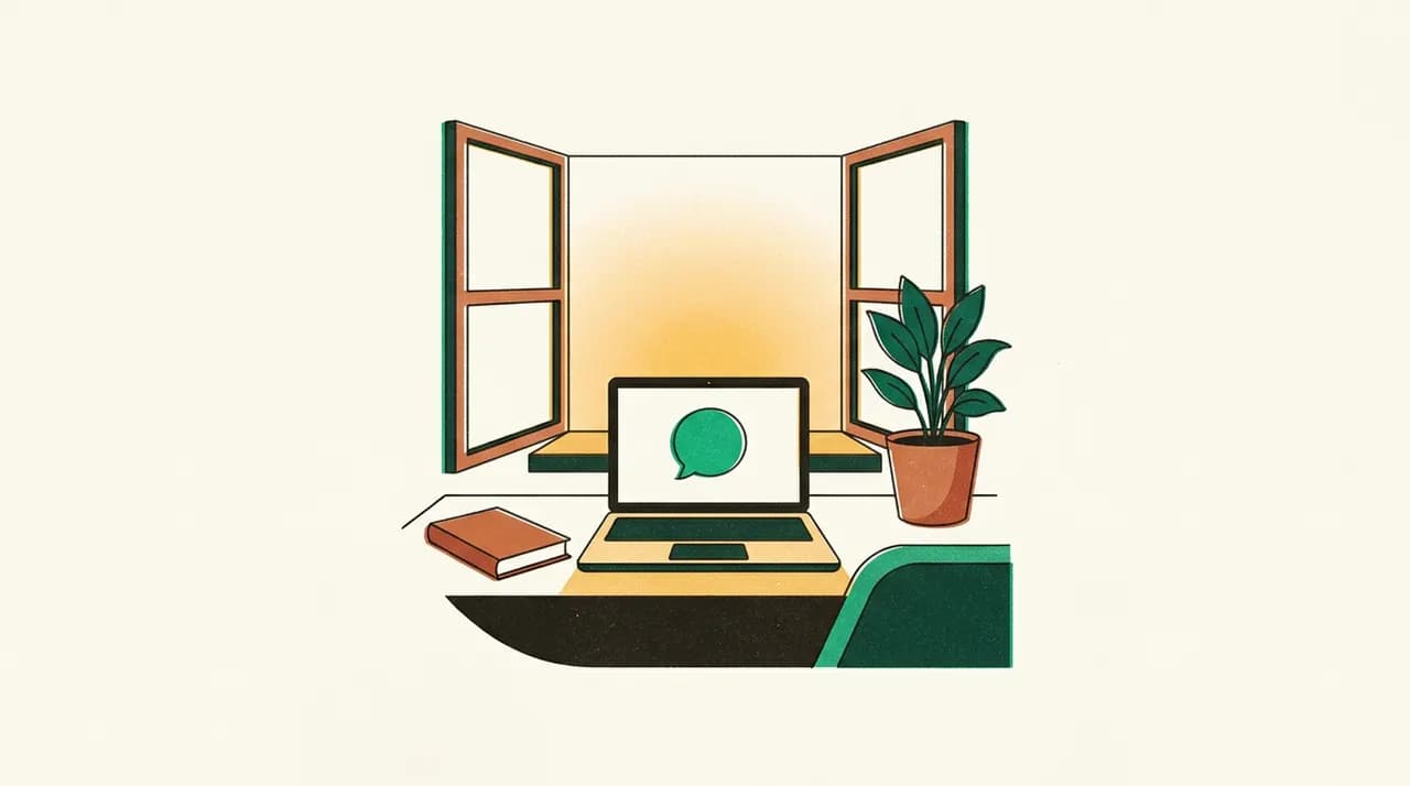 Illustration of an open window at dusk and a laptop on a desk showing a friendly chat bubble