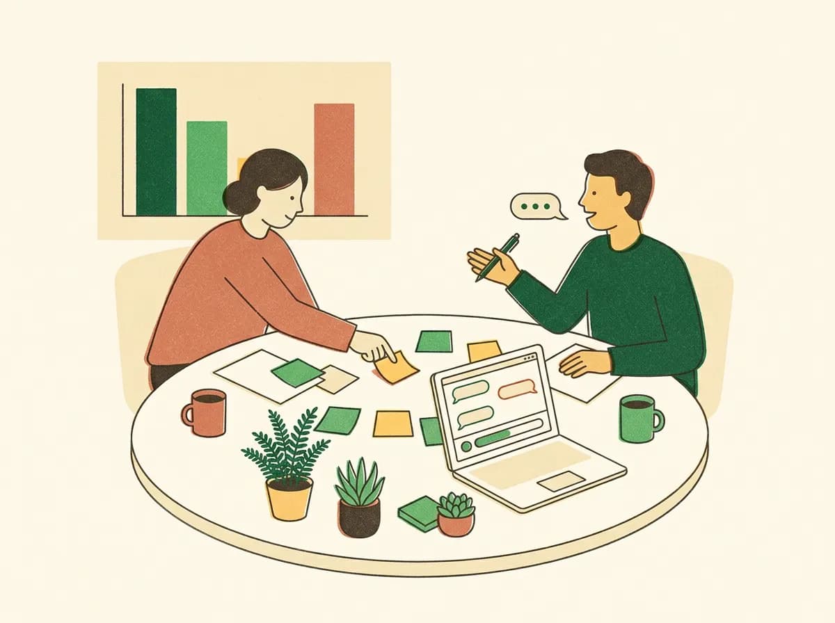Illustration of two colleagues planning at a round table with sticky notes, a bar chart on the wall and a laptop showing chat bubbles