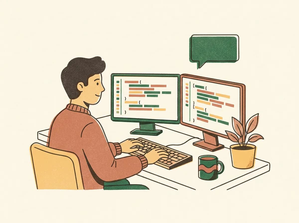 Illustration of a developer typing at a desk with two monitors showing colourful blocks of code and a speech bubble above