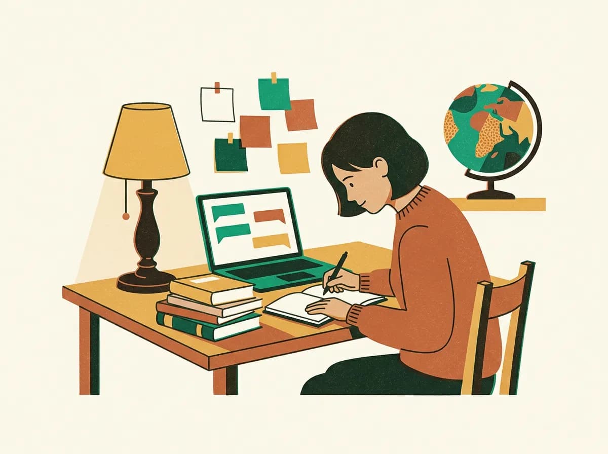 Illustration of a student writing notes at a desk with textbooks, a lamp, a globe and a laptop showing chat bubbles